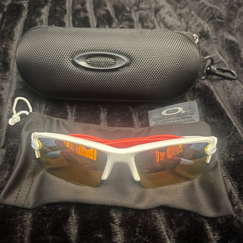 Oakley White and Red Sunglasses with Gold-Tinted Lenses